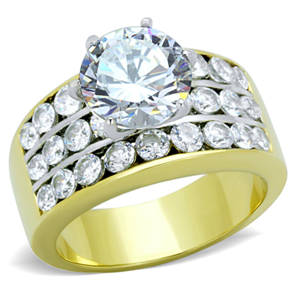 TK1553 Two-Tone IP Gold Stainless Steel Ring featuring a AAA Grade Clear CZ stone, showcasing a luxurious design.