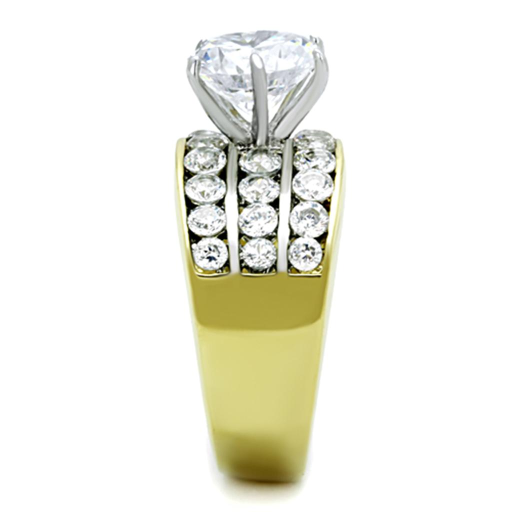 TK1553 Two-Tone IP Gold Stainless Steel Ring featuring a AAA Grade Clear CZ stone, showcasing a luxurious design.