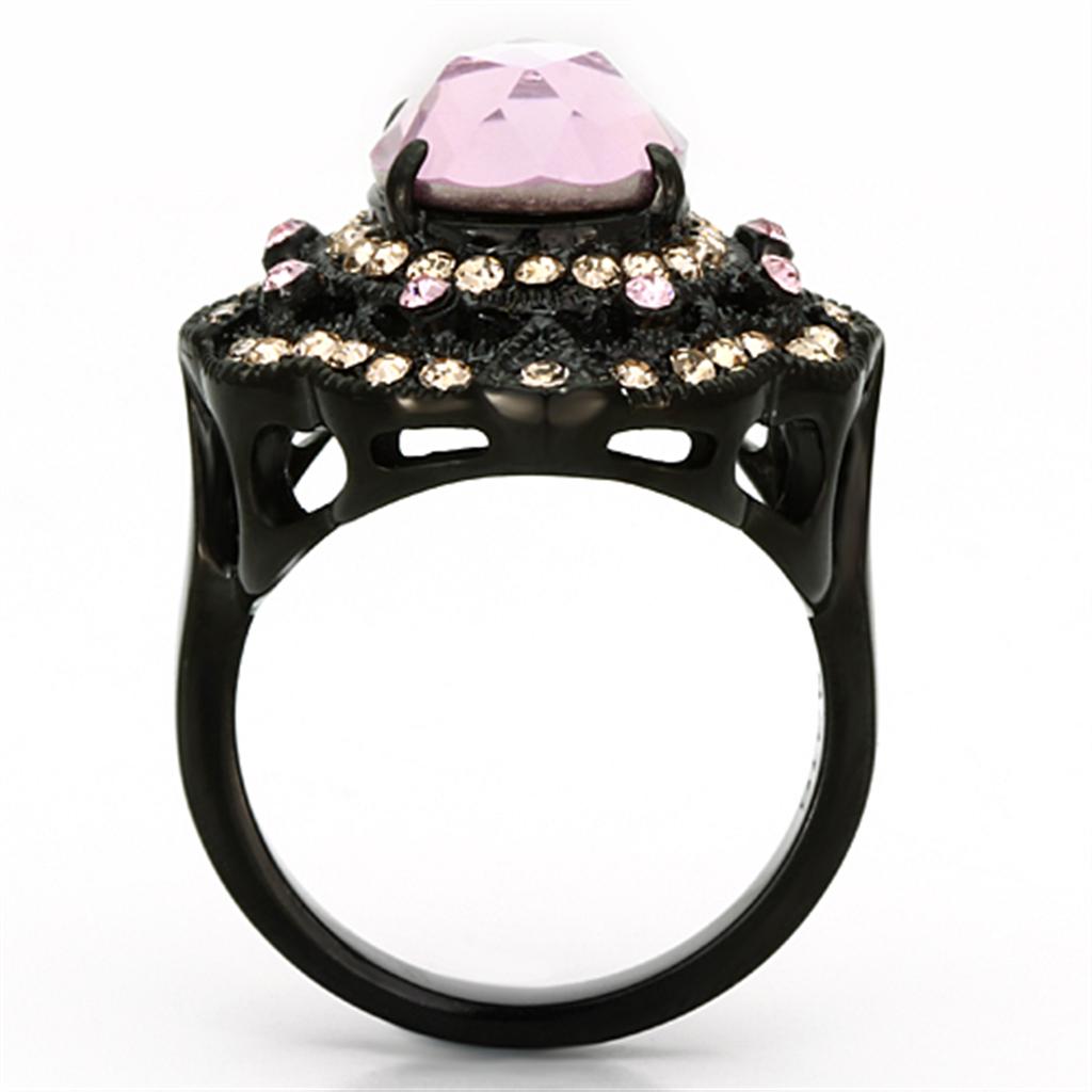 TK1154 IP Black Stainless Steel Ring featuring a light rose top-grade crystal, showcasing a modern design with ion plating finish.