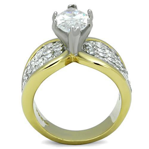 TK1548 Two-Tone IP Gold Stainless Steel Ring featuring a clear AAA grade CZ stone, showcasing a luxurious and elegant design.