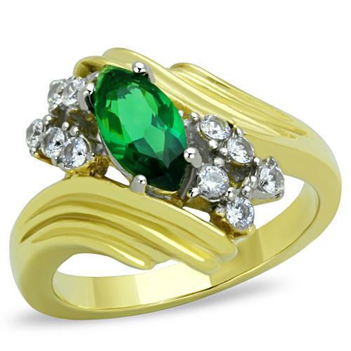 TK1566 Two-Tone IP Gold Stainless Steel Ring featuring a synthetic emerald stone, showcasing its elegant design and luxurious finish.