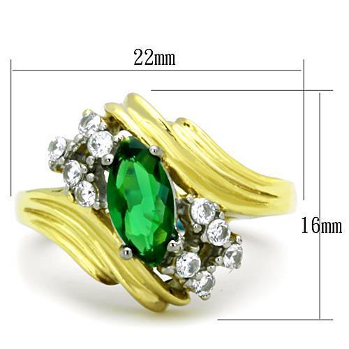 TK1566 Two-Tone IP Gold Stainless Steel Ring featuring a synthetic emerald stone, showcasing its elegant design and luxurious finish.