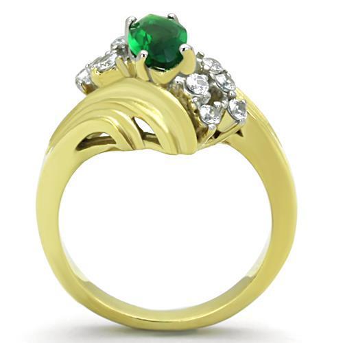 TK1566 Two-Tone IP Gold Stainless Steel Ring featuring a synthetic emerald stone, showcasing its elegant design and luxurious finish.