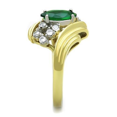 TK1566 Two-Tone IP Gold Stainless Steel Ring featuring a synthetic emerald stone, showcasing its elegant design and luxurious finish.