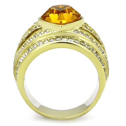 TK1563 IP Gold Stainless Steel Ring featuring a topaz center stone and elegant design, perfect for any occasion.