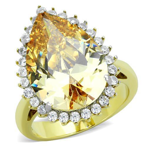 TK1564 Two-Tone IP Gold Stainless Steel Ring featuring a champagne AAA grade CZ stone, showcasing a luxurious design.