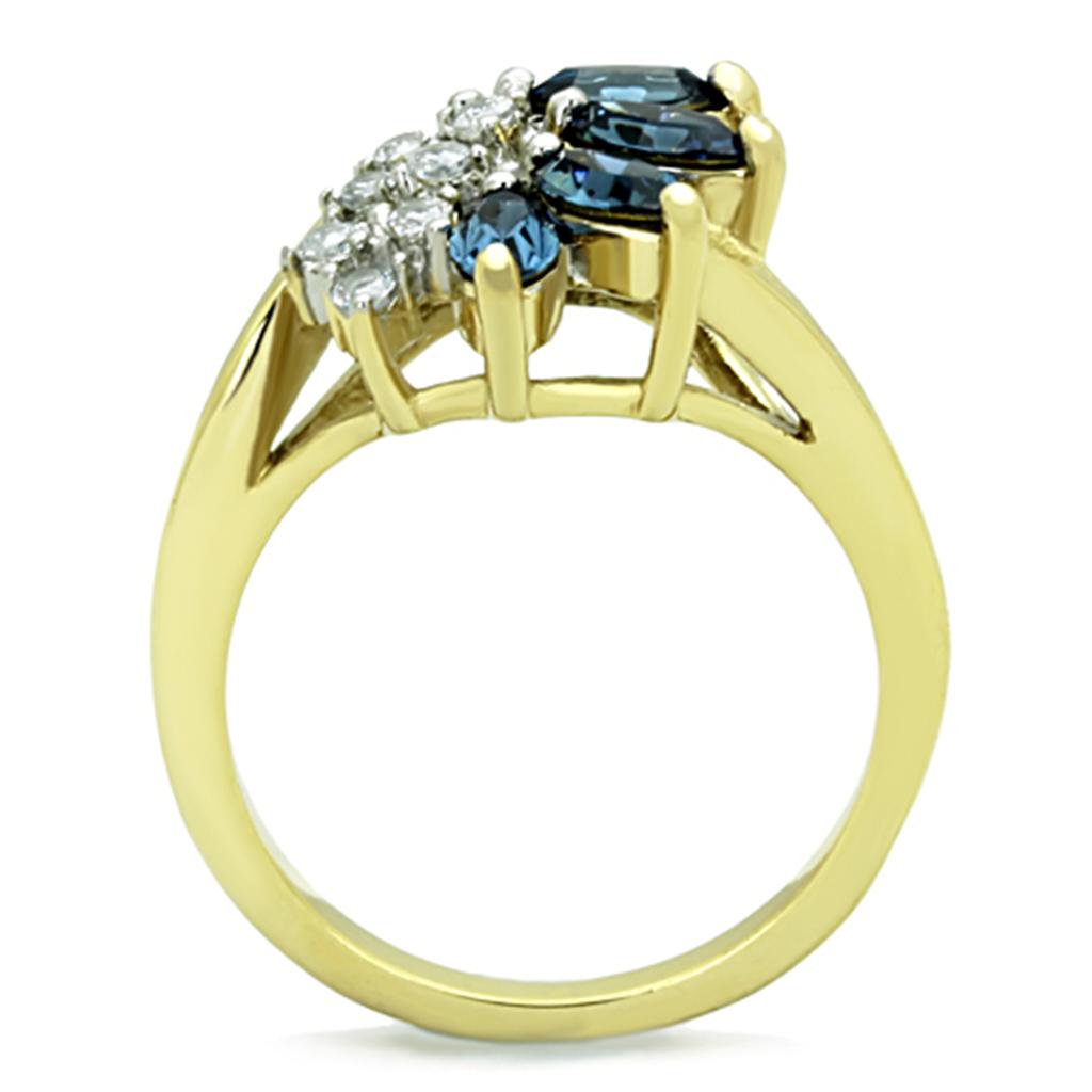 TK1573 Two-Tone IP Gold Stainless Steel Ring featuring a Montana crystal centerpiece, showcasing its elegant design and durable material.