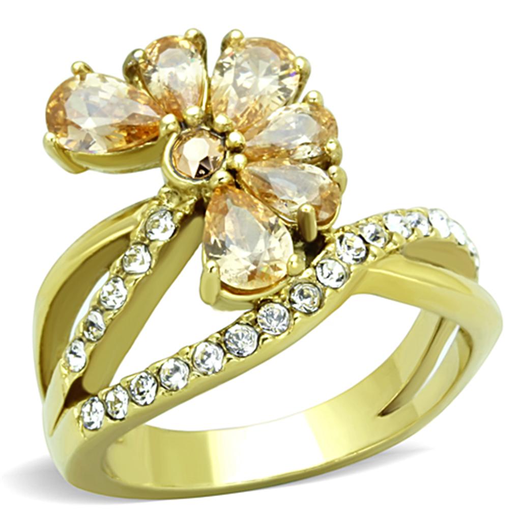 TK1574 IP Gold Stainless Steel Ring featuring AAA Grade CZ center stone in champagne color, showcasing its elegant design and luxurious finish.