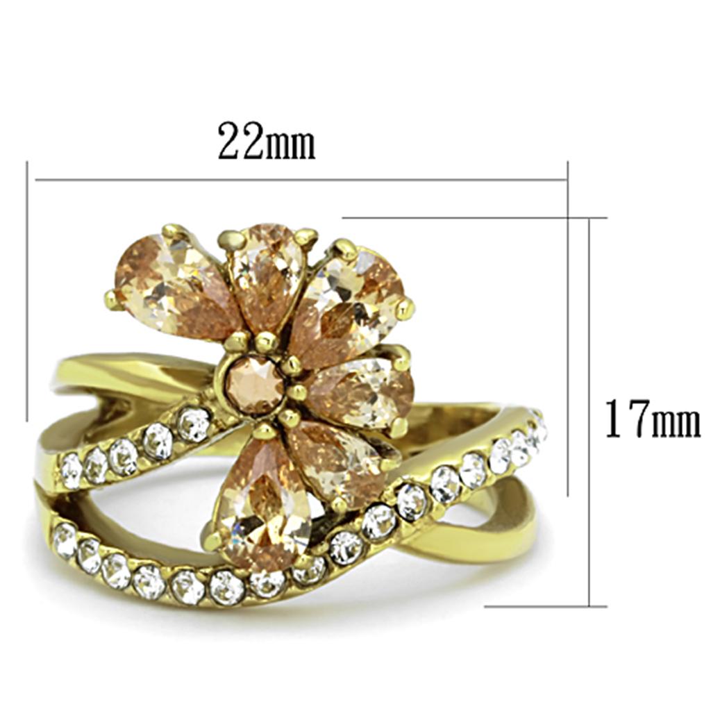 TK1574 IP Gold Stainless Steel Ring featuring AAA Grade CZ center stone in champagne color, showcasing its elegant design and luxurious finish.