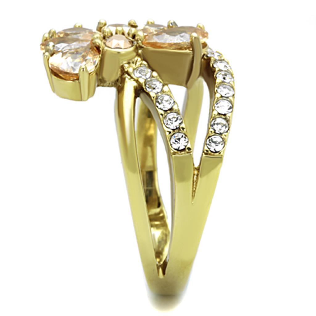 TK1574 IP Gold Stainless Steel Ring featuring AAA Grade CZ center stone in champagne color, showcasing its elegant design and luxurious finish.