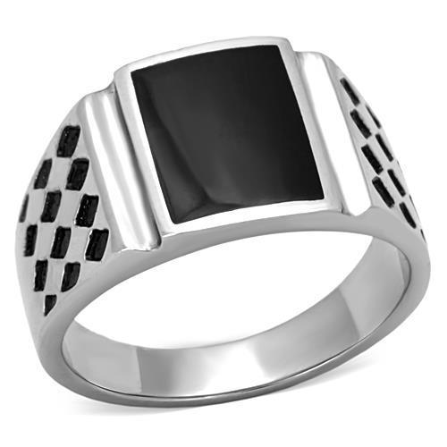 TK1611 High Polished Stainless Steel Ring featuring a jet black epoxy center stone, showcasing a sleek and modern design.