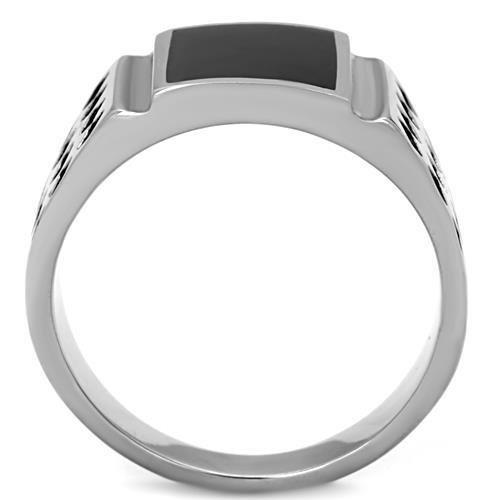 TK1611 High Polished Stainless Steel Ring featuring a jet black epoxy center stone, showcasing a sleek and modern design.