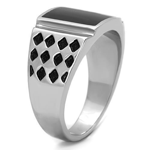 TK1611 High Polished Stainless Steel Ring featuring a jet black epoxy center stone, showcasing a sleek and modern design.