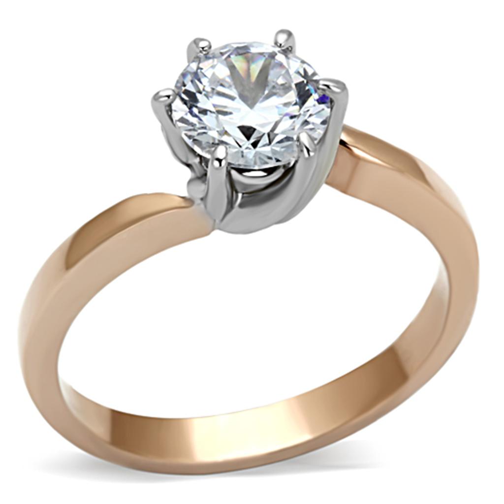 TK1161 Two-Tone IP Rose Gold Stainless Steel Ring featuring a clear AAA Grade CZ stone, elegantly designed for versatile wear.