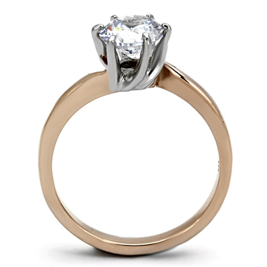 TK1161 Two-Tone IP Rose Gold Stainless Steel Ring featuring a clear AAA Grade CZ stone, elegantly designed for versatile wear.