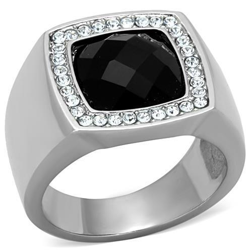 TK1616 High Polished Stainless Steel Ring featuring a jet black Onyx stone, showcasing its elegant design and shiny finish.