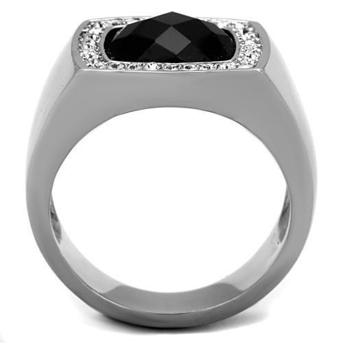 TK1616 High Polished Stainless Steel Ring featuring a jet black Onyx stone, showcasing its elegant design and shiny finish.