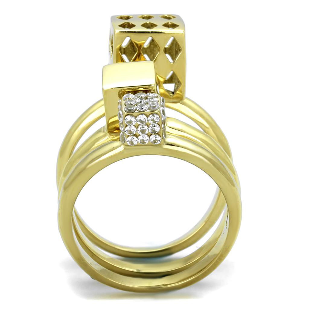 TK1630 IP Gold Stainless Steel Ring featuring a clear AAA Grade CZ stone, showcasing its elegant design and luxurious finish.