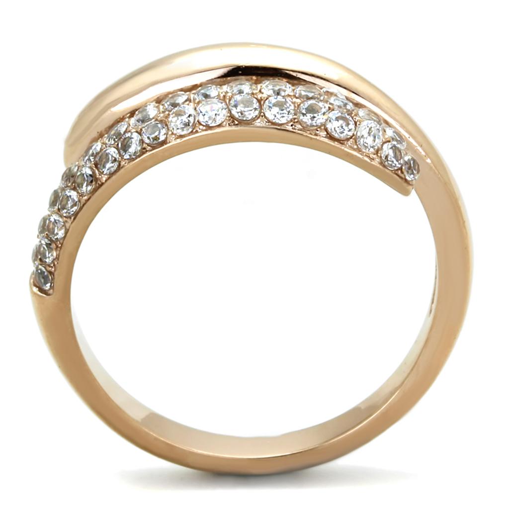 TK1634 IP Rose Gold Stainless Steel Ring featuring a clear AAA Grade CZ center stone, showcasing its elegant design and luxurious finish.