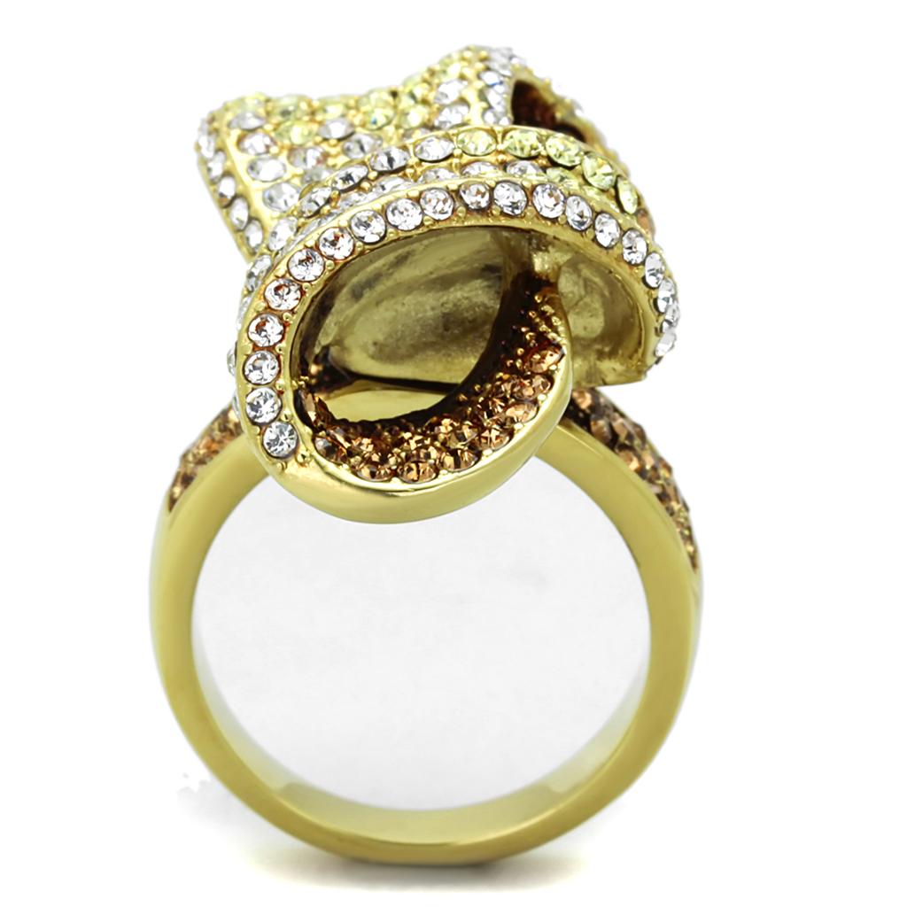 TK1635 IP Gold Stainless Steel Ring featuring a multi-color top-grade crystal, showcasing a luxurious design and durable materials.