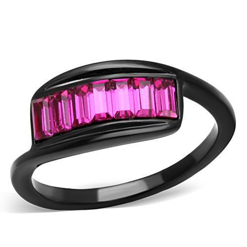 TK1664 IP Black Stainless Steel Ring featuring a vibrant fuchsia top-grade crystal centerpiece, showcasing a modern and elegant design.