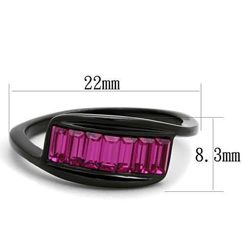 TK1664 IP Black Stainless Steel Ring featuring a vibrant fuchsia top-grade crystal centerpiece, showcasing a modern and elegant design.