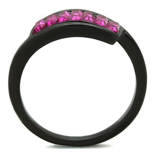 TK1664 IP Black Stainless Steel Ring featuring a vibrant fuchsia top-grade crystal centerpiece, showcasing a modern and elegant design.