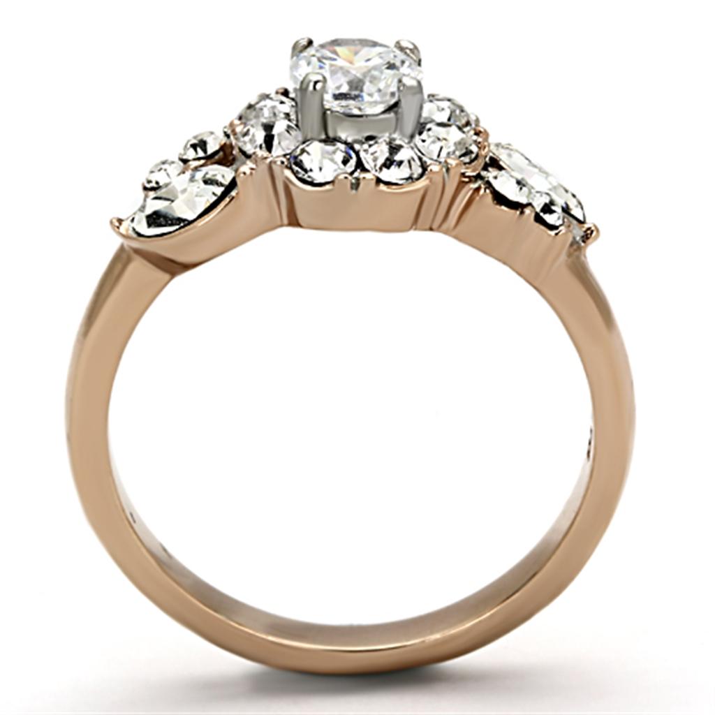 TK1164 Two-Tone IP Rose Gold Stainless Steel Ring featuring a clear AAA Grade CZ stone, elegantly designed for everyday wear.