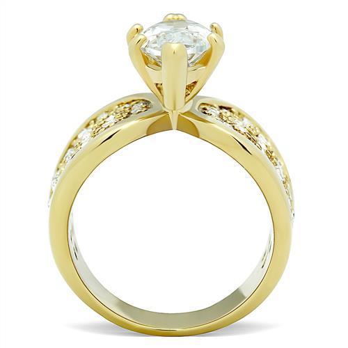 TK1672 IP Gold Stainless Steel Ring featuring a AAA Grade clear CZ stone, showcasing a luxurious and elegant design.