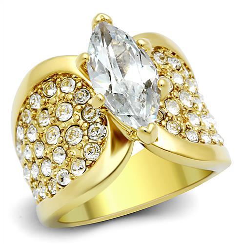 TK1672 IP Gold Stainless Steel Ring featuring a AAA Grade clear CZ stone, showcasing a luxurious and elegant design.