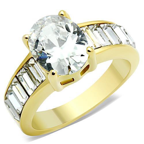 TK1675 IP Gold Stainless Steel Ring featuring a clear AAA Grade CZ stone, showcasing its elegant design and luxurious finish.