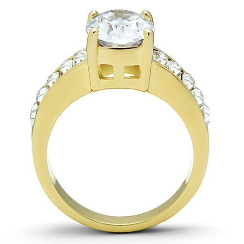 TK1675 IP Gold Stainless Steel Ring featuring a clear AAA Grade CZ stone, showcasing its elegant design and luxurious finish.