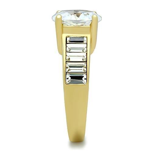 TK1675 IP Gold Stainless Steel Ring featuring a clear AAA Grade CZ stone, showcasing its elegant design and luxurious finish.