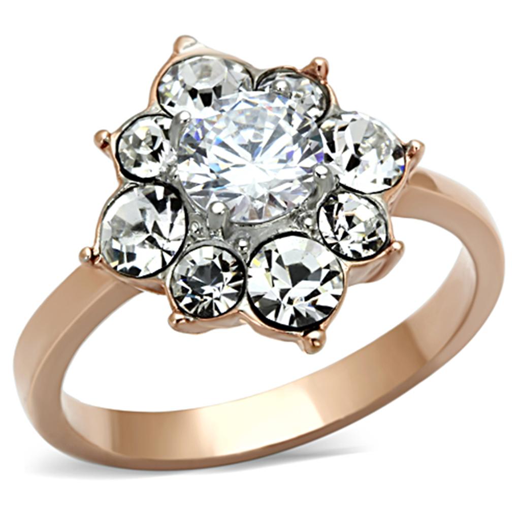 TK1168 Two-Tone IP Rose Gold Stainless Steel Ring featuring a clear AAA Grade CZ stone, elegantly designed for stylish wear.