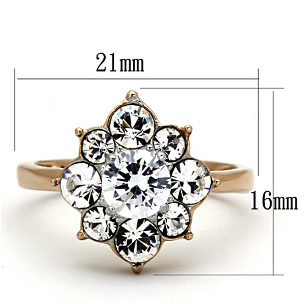 TK1168 Two-Tone IP Rose Gold Stainless Steel Ring featuring a clear AAA Grade CZ stone, elegantly designed for stylish wear.