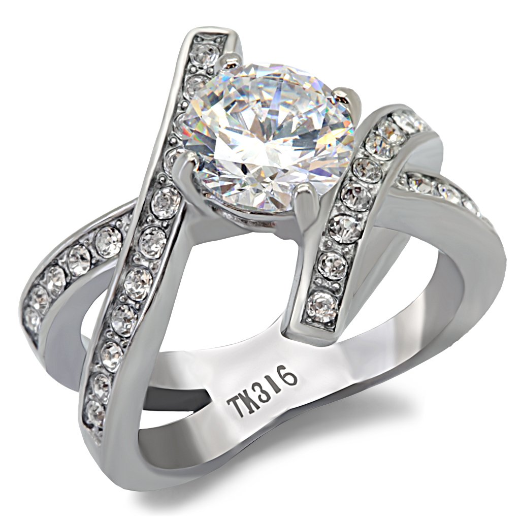 TK169 High Polished Stainless Steel Ring featuring a clear AAA Grade CZ center stone, showcasing its elegant design and shiny finish.