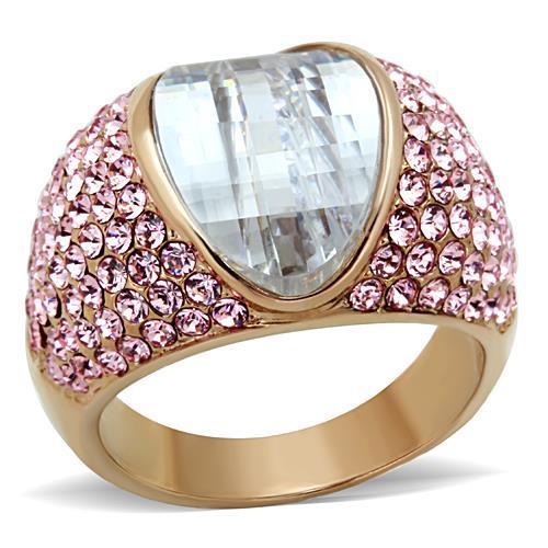 TK1692 IP Rose Gold Stainless Steel Ring featuring AAA Grade clear CZ stone, showcasing its elegant design and luxurious finish.