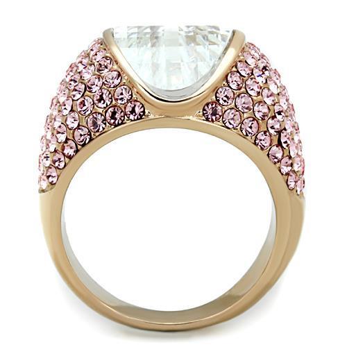 TK1692 IP Rose Gold Stainless Steel Ring featuring AAA Grade clear CZ stone, showcasing its elegant design and luxurious finish.