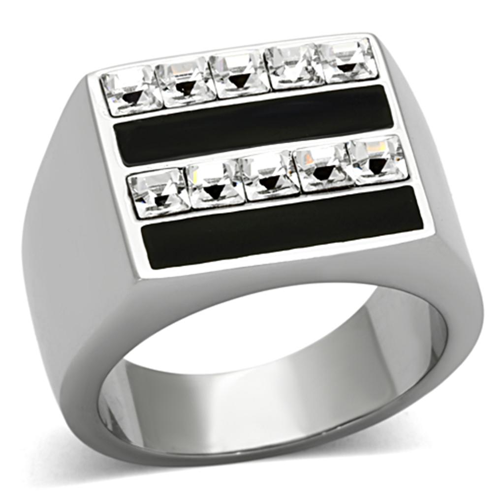 TK1177 High Polished Stainless Steel Ring featuring a clear top grade crystal centerpiece, showcasing a sleek and modern design.