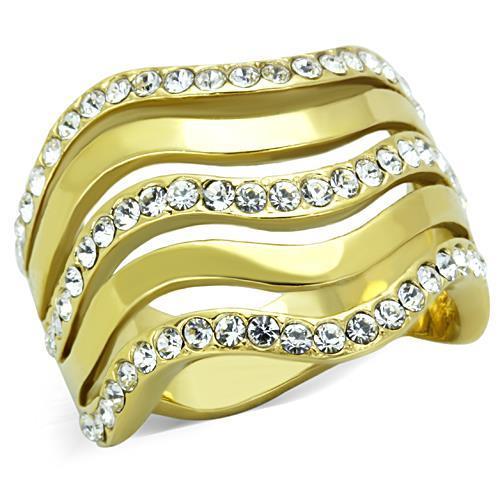 TK1700 IP Gold Stainless Steel Ring with clear top-grade crystal centerpiece, showcasing a luxurious and elegant design.