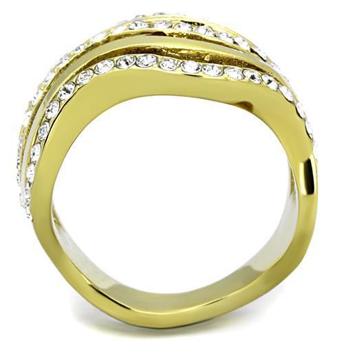 TK1700 IP Gold Stainless Steel Ring with clear top-grade crystal centerpiece, showcasing a luxurious and elegant design.