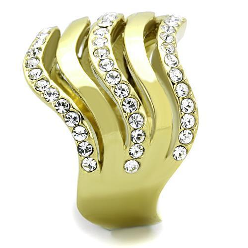 TK1700 IP Gold Stainless Steel Ring with clear top-grade crystal centerpiece, showcasing a luxurious and elegant design.