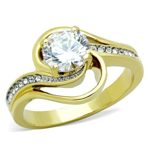 TK1701 Two-Tone IP Gold Stainless Steel Ring featuring a clear AAA grade CZ stone, showcasing a stylish and elegant design.