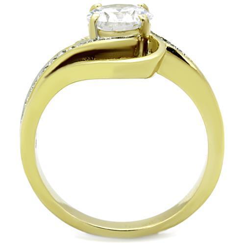 TK1701 Two-Tone IP Gold Stainless Steel Ring featuring a clear AAA grade CZ stone, showcasing a stylish and elegant design.