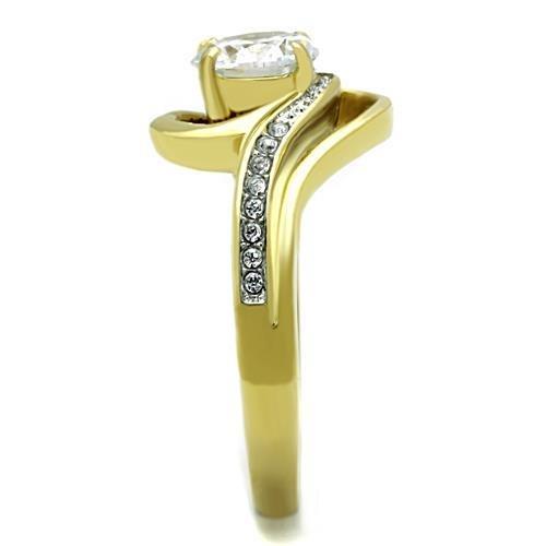 TK1701 Two-Tone IP Gold Stainless Steel Ring featuring a clear AAA grade CZ stone, showcasing a stylish and elegant design.