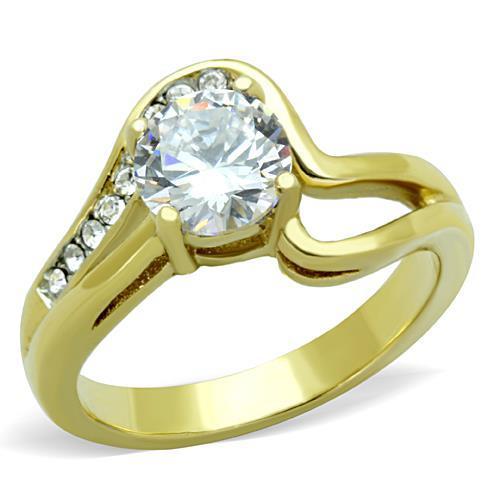 TK1702 Two-Tone IP Gold Stainless Steel Ring featuring a clear AAA Grade CZ stone, showcasing a luxurious and elegant design.