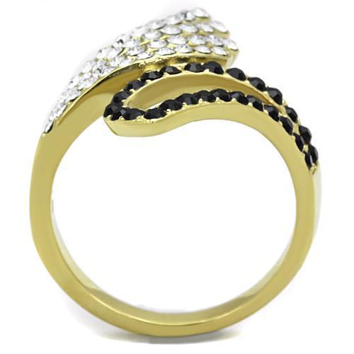 TK1710 IP Gold Stainless Steel Ring featuring a top-grade jet crystal, showcasing a luxurious design with a shiny gold finish.