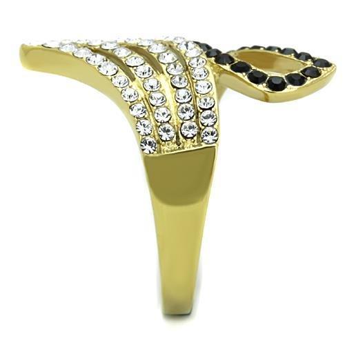 TK1710 IP Gold Stainless Steel Ring featuring a top-grade jet crystal, showcasing a luxurious design with a shiny gold finish.