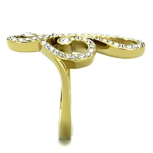 TK1714 IP Gold Stainless Steel Ring featuring a clear top-grade crystal centerpiece, showcasing a luxurious design.