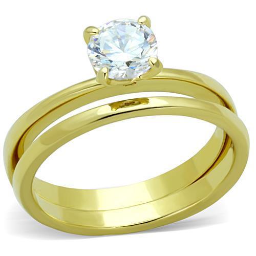 TK1721 IP Gold Stainless Steel Ring featuring a clear AAA Grade CZ center stone, showcasing elegance and durability.